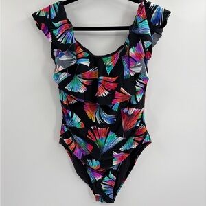 La Blanca Ruffled Bandeau One Piece floral bathing suit  pattern Swimsuit sz 14